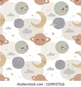 Vector hand-drawn seamless pattern. Print design for children's textiles. Cartoon planets, stars. Starry sky and space. Pastel colors and texture. Decoration for the nursery in the Scandinavian style