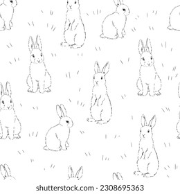 Vector hand-drawn seamless pattern with rabbits isolated on white. Endless black and white texture with cute bunnies.