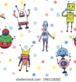 Vector hand-drawn seamless pattern with robots and polka dots. Pattern for kids with robots. Space. Children robo background. 