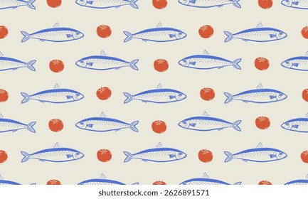 Vector hand-drawn seamless pattern with sardines and tomatoes. Perfect for wrapping paper, packaging, fabric, and textile design. Mediterranean summer illustration.