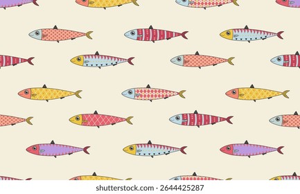 Vector hand-drawn seamless pattern with sardines. Perfect for wrapping paper, packaging, fabric, and textile design. Mediterranean summer-inspired background.