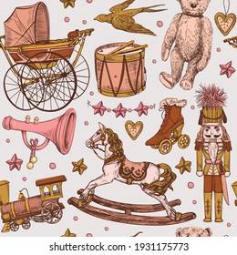 Vector hand-drawn seamless pattern with a set of pastel colors vintage toys. Collection of children's toys, doll, baby carriage, train, drum, teddy bear, wooden horse, stick horse, Christmas toys.