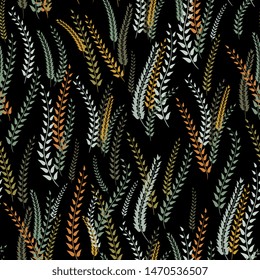 Vector hand-drawn seamless pattern with spikelets, foliage. for fabric, floral print design.Vector illustration.
