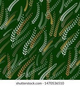 Vector hand-drawn seamless pattern with spikelets, foliage. for fabric, floral print design.Vector illustration.
