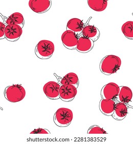 Vector hand-drawn seamless pattern with tomatoes isolated on white background. Botanical texture with vegetables in sketch style.