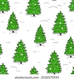 Vector hand-drawn seamless pattern with winter fir forest. Christmas trees in snow. New Year endless texture.