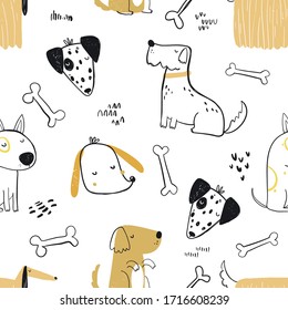 Vector hand-drawn vector seamless seamless repeating childish simple pattern with cute doggies, bones in the Scandinavian style on a white background. Baby pattern with dogs. Dogs print.