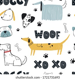 Vector hand-drawn vector seamless seamless repeating childish simple pattern with cute doggies, bones in the Scandinavian style on a white background. Baby pattern with dogs. Dogs print.
