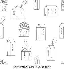 El vector dibuja a mano sin costura repetiendo un patrón infantil simple con bonitas casas de estilo escandinavo sobre un fondo blanco. Patrón infantil sin costura con las casas. Ciudad. Casas. Arquitectura.