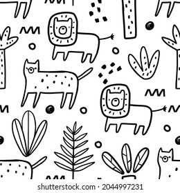 Vector hand-drawn seamless repeating childish pattern with wild cats, plants and palms in Scandinavian style on a white background. Print with tigers and jaguars. Jungle animals.