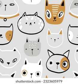 Vector hand-drawn seamless repeating childish simple pattern with cute cats in Scandinavian style on a white background. Children's texture with kittens, kitty print. Pets. Funny animals sketch.