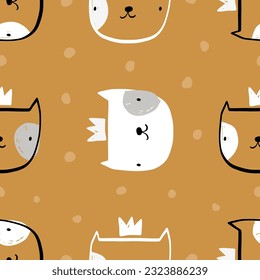 Vector hand-drawn seamless repeating childish simple pattern with cute cats in Scandinavian style on a beige background. Children's texture with kittens, kitty print. Pets. Funny animals sketch.