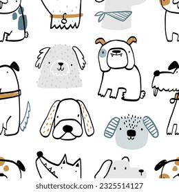 Vector hand-drawn seamless repeating childish simple pattern with cute dogs in Scandinavian style on a white background. Children's texture with dogs, dogs print. Pets. Puppy. Funny animals sketch.