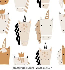 Vector hand-drawn seamless repeating childish simple pattern with cute unicorns in Scandinavian style on a white background. Children's texture with unicorns. Horse. Funny animals sketch.