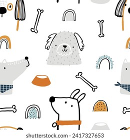 Vector hand-drawn seamless repeating childish simple pattern with cute dogs in Scandinavian style on a white background. Children's texture with dogs, dogs print. Pets. Puppy. Funny animals sketch.