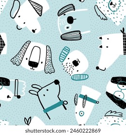 Vector hand-drawn seamless repeating childish simple pattern with cute dogs in Scandinavian style on a blue background. Children's texture with dogs, dogs print. Pets. Puppy. Funny animals sketch.