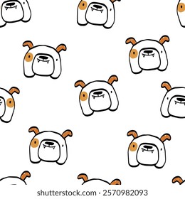 Vector hand-drawn seamless repeating childish simple pattern with cute dogs in Scandinavian style on a white background. Children's texture with dogs, dogs print. Pets. Puppy. Funny animals sketch.