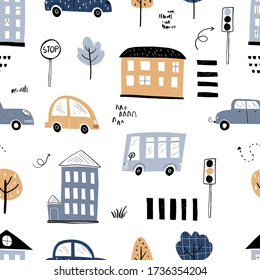 Vector hand-drawn seamless repeating children simple pattern with cars, houses, trees in Scandinavian style on a white background. Children's pattern with cars. Transport. Road. City. Architecture.
