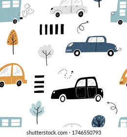 Vector hand-drawn seamless repeating children simple pattern with cars, arrows and trees in Scandinavian style road on a white background. Children's pattern with cars. Cars. Transport. Road
