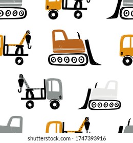 Vector hand-drawn seamless repeating children simple pattern with cars in Scandinavian style on a white background.Kids seamless pattern with building equipment. Funny construction transport