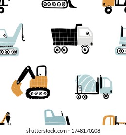 Vector hand-drawn seamless repeating children simple pattern with cars in Scandinavian style on a white background.Kids seamless pattern with building equipment. Funny construction transport