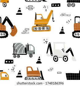 Vector hand-drawn seamless repeating children simple pattern with cars in Scandinavian style on a white background.Kids seamless pattern with building equipment. Funny construction transport