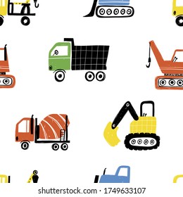 Vector hand-drawn seamless repeating children simple pattern with cars in Scandinavian style on a white background.Kids seamless pattern with building equipment. Funny construction transport