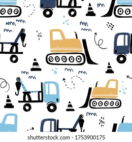Vector hand-drawn seamless repeating children simple pattern with cars in Scandinavian style on a white background.Kids seamless pattern with building equipment. Funny construction transport