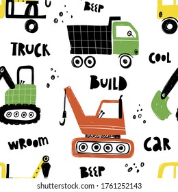 Vector hand-drawn seamless repeating children simple pattern with trucks in Scandinavian style on a white background. Kids seamless pattern with building equipment. Funny construction transport