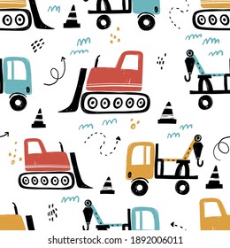 Vector hand-drawn seamless repeating children simple pattern with cars in Scandinavian style on a white background.Kids seamless pattern with building equipment. Funny construction transport