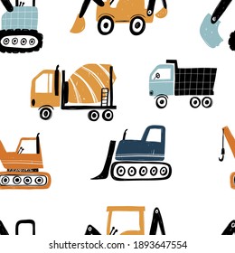 Un patrón simple de repetición de niños dibujados a mano con vectores con un estilo escandinavo sobre un fondo blanco.Los niños tienen un patrón impecable con equipo de construcción. Cómnito transporte de construcción