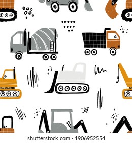 Vector hand-drawn seamless repeating children simple pattern with cars in Scandinavian style on a white background.Kids seamless pattern with building equipment. Funny construction transport