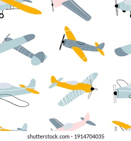 Vector hand-drawn seamless repeating children simple pattern with aircraft in Scandinavian style on a white background.Kids seamless pattern with planes. Funny airplanes. Trendy vector background.