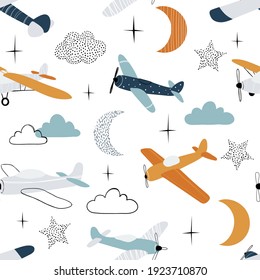 Vector hand-drawn seamless repeating children simple pattern with aircraft, clouds, moon and stars in Scandinavian style on a white background.Kids seamless pattern with planes. Funny airplanes.