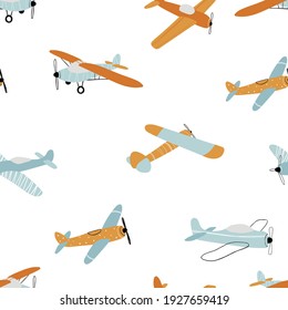 Vector hand-drawn seamless repeating children simple pattern with aircraft in Scandinavian style on a white background.Kids seamless pattern with planes. Funny airplanes. Trendy vector background.