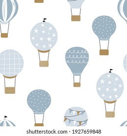 Vector hand-drawn seamless repeating children simple pattern with air balloons in Scandinavian style on a white background. Kids seamless pattern with air balloons. Funny transport. Aircraft.