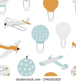 Vector hand-drawn seamless repeating children simple pattern with air balloons and planes in Scandinavian style on a white background. Kids seamless pattern with aircraft. Funny transport.