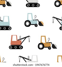 Vector hand-drawn seamless repeating children simple pattern with cars in Scandinavian style on a white background.Kids seamless pattern with building equipment. Funny construction transport