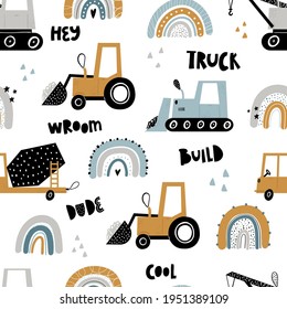 Vector hand-drawn seamless repeating children simple pattern with cars and rainbows in Scandinavian style on a white background.Kids pattern with building equipment. Funny construction transport