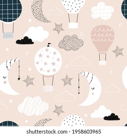 Vector hand-drawn seamless repeating children simple pattern with air balloons, clouds and moons in Scandinavian style on a pink background. Kids pattern with air balloons. Funny transport.