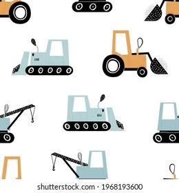 Vector hand-drawn seamless repeating children simple pattern with cars in Scandinavian style on a white background.Kids seamless pattern with building equipment. Funny construction transport