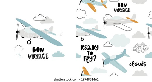 Vector hand-drawn seamless repeating children simple pattern with aircraft, lettering and clouds in Scandinavian style on a white background.Kids seamless pattern with planes. Funny airplanes.