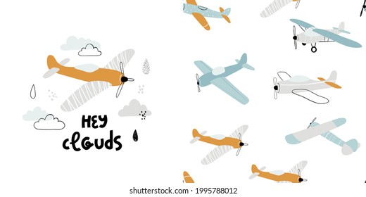 Vector hand-drawn seamless repeating children simple pattern with aircraft in Scandinavian style on a white background.Kids seamless pattern with planes. Funny airplanes.