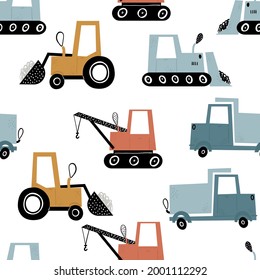 Un patrón simple de repetición de niños dibujados a mano con vectores con un estilo escandinavo sobre un fondo blanco.Los niños tienen un patrón impecable con equipo de construcción. Curioso transporte de construcción
