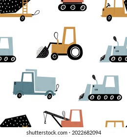 Vector hand-drawn seamless repeating children simple pattern with cars in Scandinavian style on a white background.Kids seamless pattern with building equipment. Funny construction transport