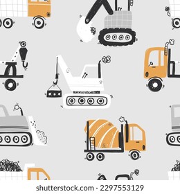 Vector hand-drawn seamless repeating children simple pattern with cars in Scandinavian style on a grey background.Kids seamless pattern with building equipment. Funny construction transport