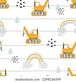 Vector hand-drawn seamless repeating children simple pattern with cars and rainbows in Scandinavian style on a striped background. Kids texture with building equipment. Funny construction transport. 