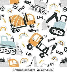 Vector hand-drawn seamless repeating children simple pattern with cars and rainbows in Scandinavian style on a white background. Kids texture with building equipment. Funny construction transport. 