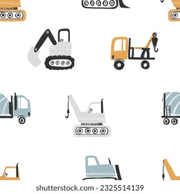 Vector hand-drawn seamless repeating children simple pattern with cars in Scandinavian style on a white background.Kids seamless pattern with building equipment. Funny construction transport