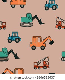 Vector hand-drawn seamless repeating children simple pattern with digger car, brown background.Kids seamless pattern with building equipment. Funny construction transport 